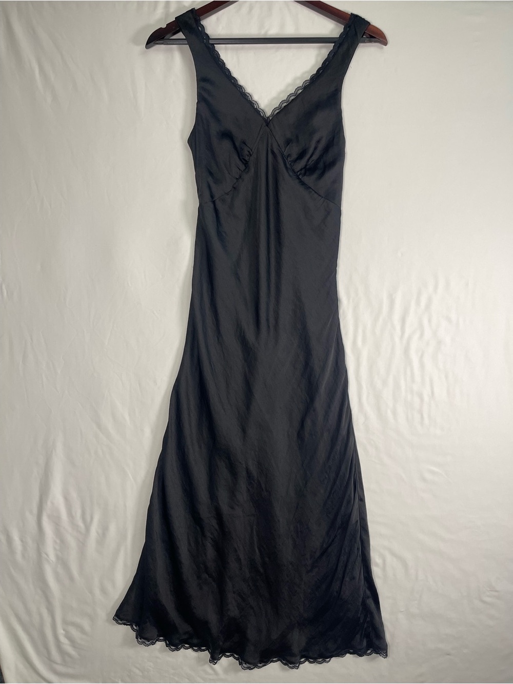 American Eagle Outfitters Black Satin Lace-Trim Maxi Slip Dress